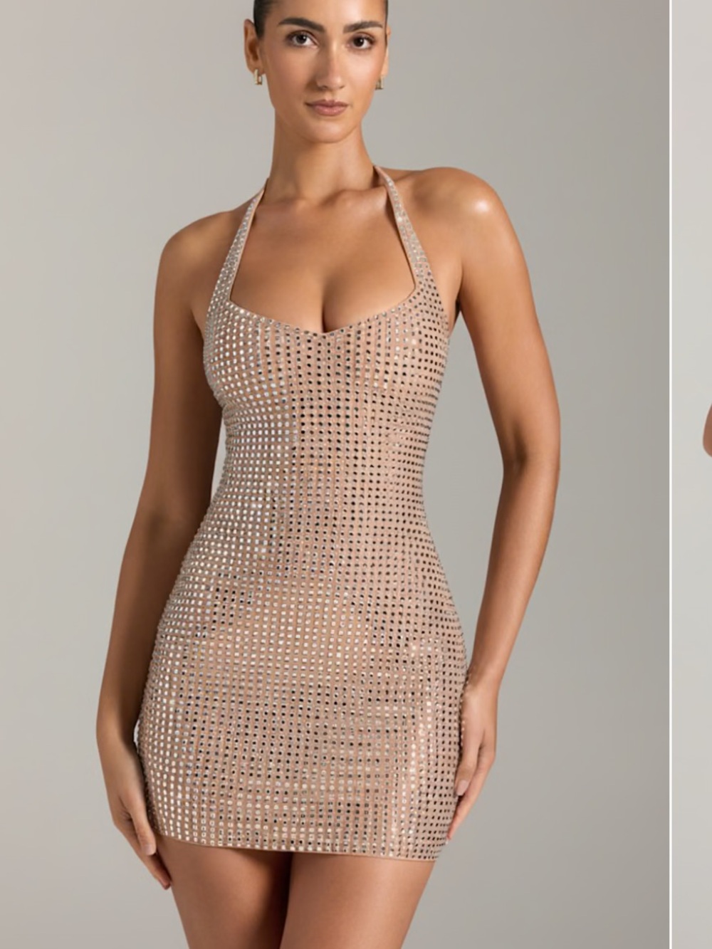 Oh Polly amolika dress Halter Halterneck Mini Dress in Nude with Sparkle Accents